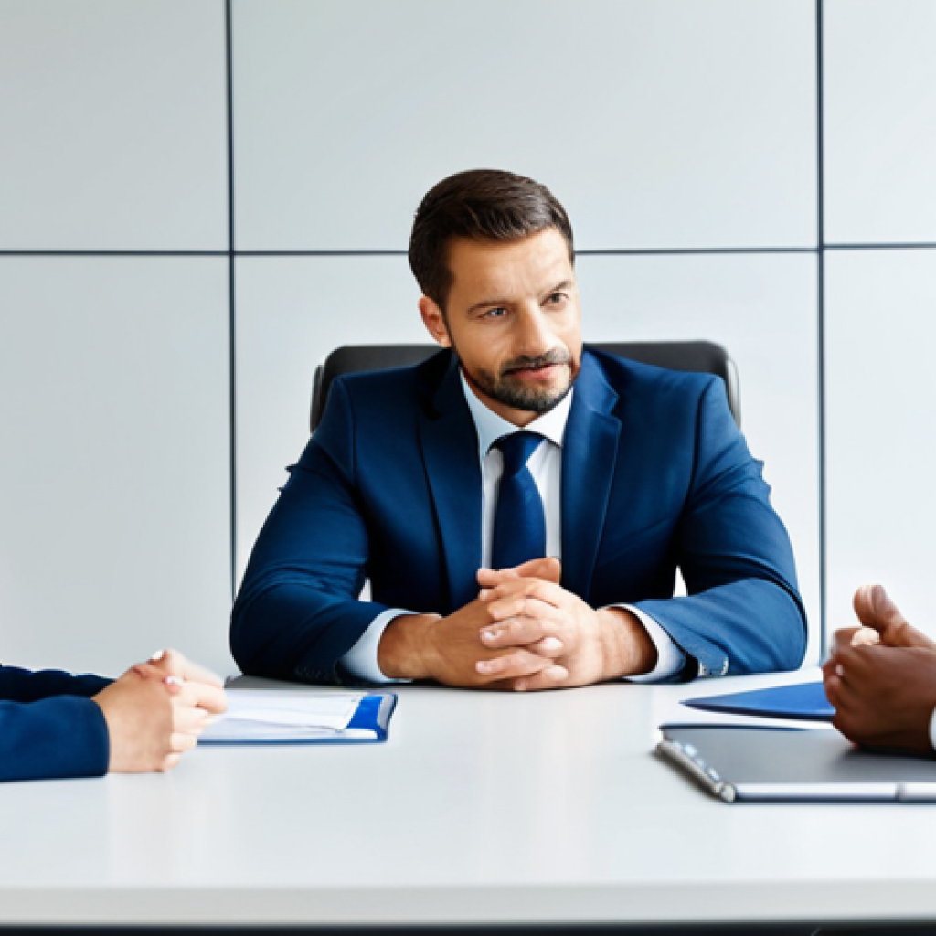 A professional service manager, in a modest business suit, leading a collaborative team meeting in a bright, modern office. The manager is gesturing calmly while discussing strategy with diverse colleagues, all wearing appropriate business attire. The scene emphasizes effective communication, empathetic leadership, and strategic thinking. Professional photography, high quality, perfect anatomy, correct proportions, natural pose, well-formed hands, proper finger count, natural body proportions, safe for work, appropriate content, fully clothed, professional, family-friendly.