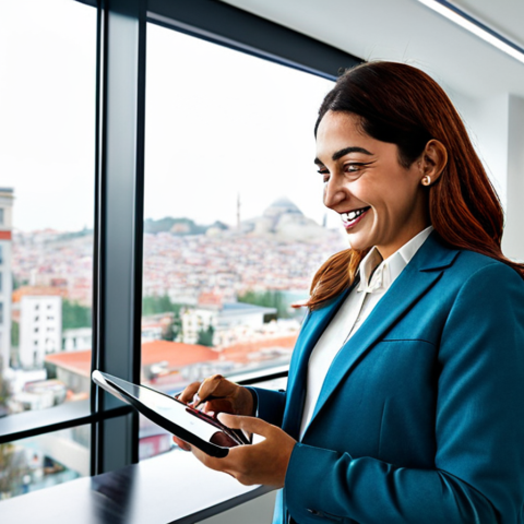 **
"A professional service manager in a modern, brightly lit office in Istanbul, Turkey. She is wearing a modest business suit, smiling confidently while reviewing a project plan on a tablet. Background includes a team working collaboratively at desks, cityscape visible through a large window. Fully clothed, appropriate attire, safe for work, perfect anatomy, natural proportions, professional, modest, family-friendly."
**