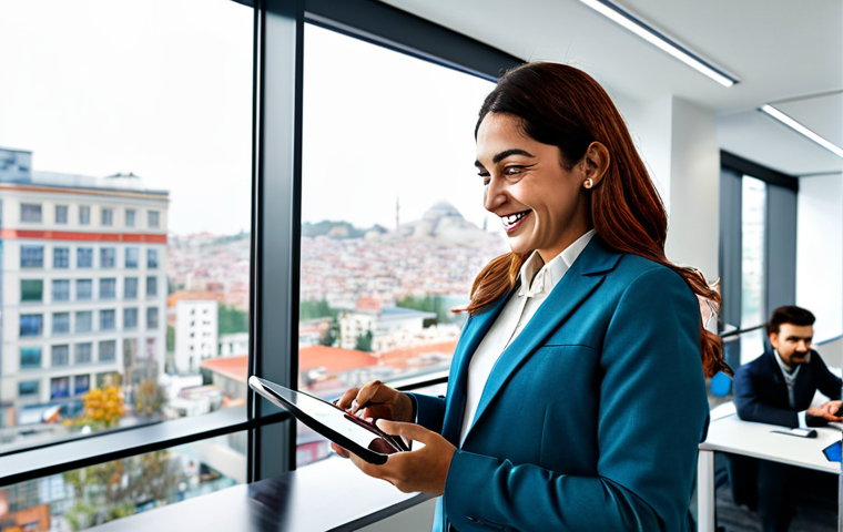 **
"A professional service manager in a modern, brightly lit office in Istanbul, Turkey. She is wearing a modest business suit, smiling confidently while reviewing a project plan on a tablet. Background includes a team working collaboratively at desks, cityscape visible through a large window. Fully clothed, appropriate attire, safe for work, perfect anatomy, natural proportions, professional, modest, family-friendly."
**