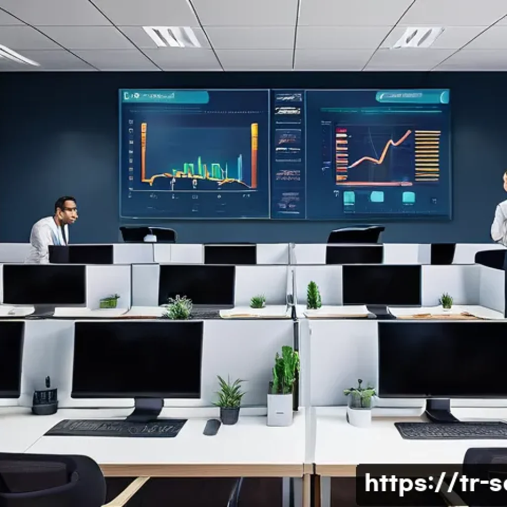 서비스관리사와 품질 관리 사례 - A modern Turkish call center environment showing a diverse team of customer service agents working p...