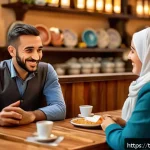 Home 22 서비스관리사와 고객 커뮤니케이션 사례 - A modern Turkish café scene showing a friendly waiter empathetically listening to a middle-aged Turk...