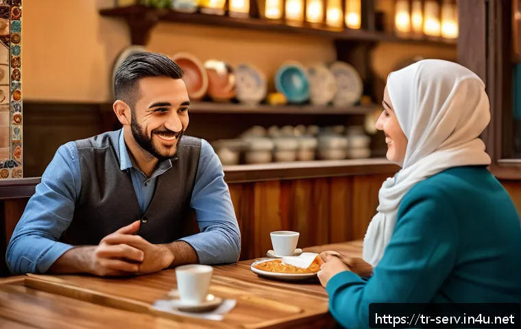 서비스관리사와 고객 커뮤니케이션 사례 - A modern Turkish caf&eacute; scene showing a friendly waiter empathetically listening to a middle-aged Turk...