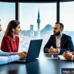 Home 19 서비스관리사와 갈등 관리 - A diverse group of Turkish office workers in a modern Istanbul corporate meeting room, engaged in a ...