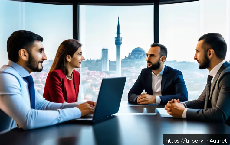 서비스관리사와 갈등 관리 - A diverse group of Turkish office workers in a modern Istanbul corporate meeting room, engaged in a ...