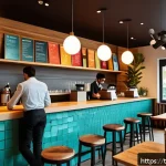 Home 18 서비스관리사와 업무 수행 우수 사례 - A modern Turkish local café interior bustling with diverse customers using a mobile feedback app on ...