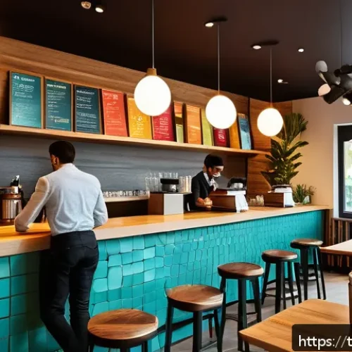 Home 30 서비스관리사와 업무 수행 우수 사례 - A modern Turkish local café interior bustling with diverse customers using a mobile feedback app on ...