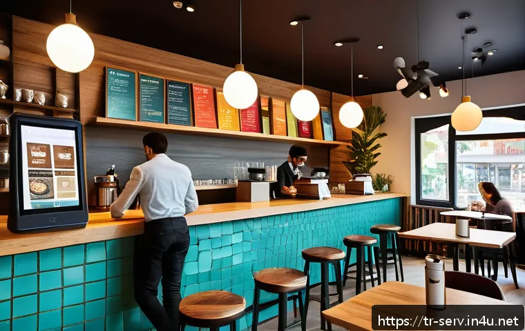 서비스관리사와 업무 수행 우수 사례 - A modern Turkish local café interior bustling with diverse customers using a mobile feedback app on ...