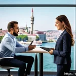 Home 23 서비스관리사 경력 개발 로드맵 - A modern Turkish office setting with a diverse team of professionals engaged in a dynamic meeting. T...