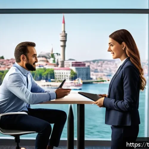 Home 17 서비스관리사 경력 개발 로드맵 - A modern Turkish office setting with a diverse team of professionals engaged in a dynamic meeting. T...