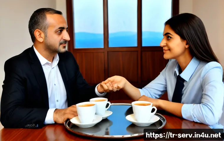서비스관리사와 직장 내 관계 관리 - Photorealistic Turkish workplace scene, a professional service manager in modest business attire fac...